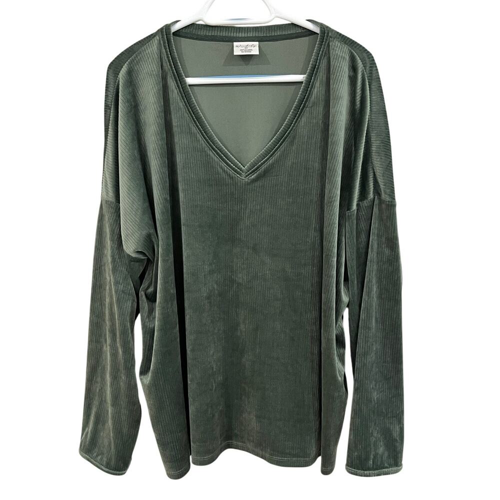 Wonderly Size 2X Ribbed‎ Sage Green V-Neck Long Sleeve Top